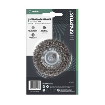 Szczotka tarczowa fi 75mm trzpieniowa, drut nierdzewny falisty 0,3mm, trzpień 6mm