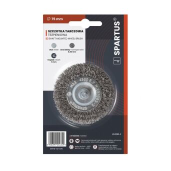 Szczotka tarczowa fi 75mm trzpieniowa, drut stalowy falisty 0,3mm, trzpień 6mm