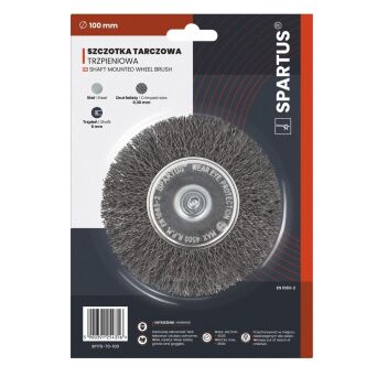Szczotka tarczowa fi 100mm trzpieniowa, drut stalowy falisty 0,3mm, trzpień 6mm